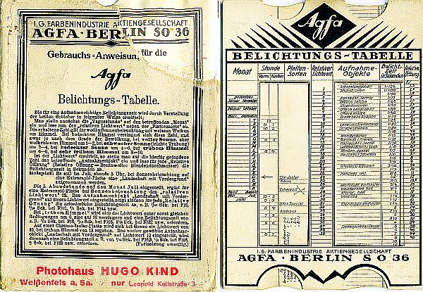 Agfa Belichtungstabelle IG Farben