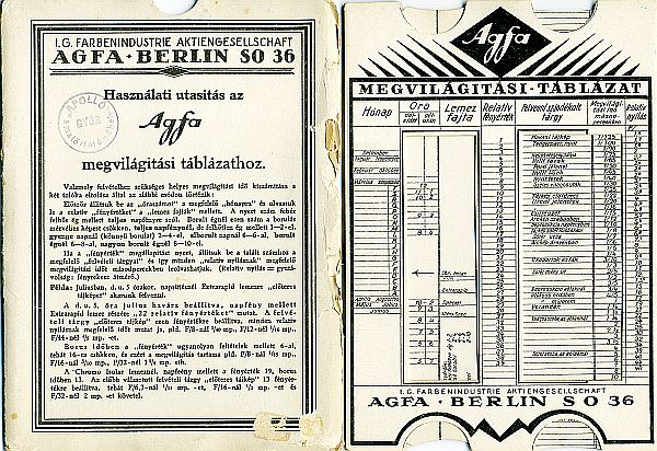 Agfa Belichtungstabelle IG Farben ungarisch
