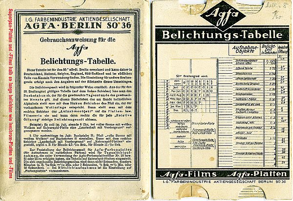 Agfa Belichtungstabelle IG Farben 2